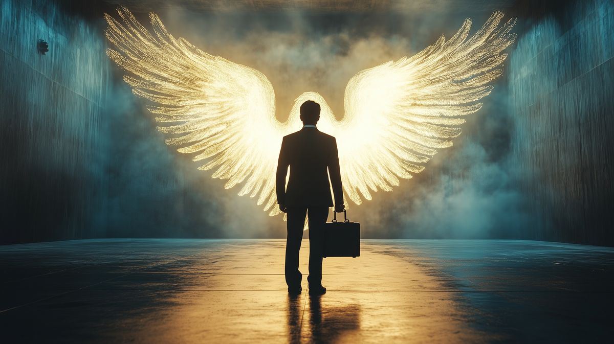 A businessperson holding a briefcase of cash, representing angel investor