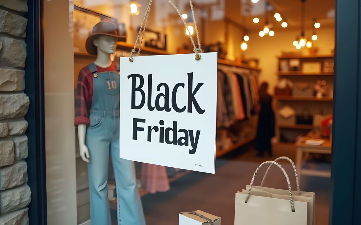 A small business with a Black Friday sign in the window.