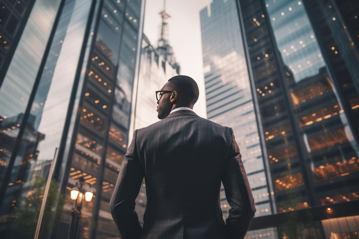 A successful black business owner stands in front of skyscrapers