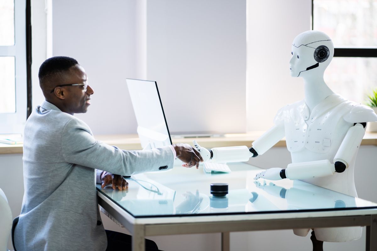 AI robot recruiting man to a business