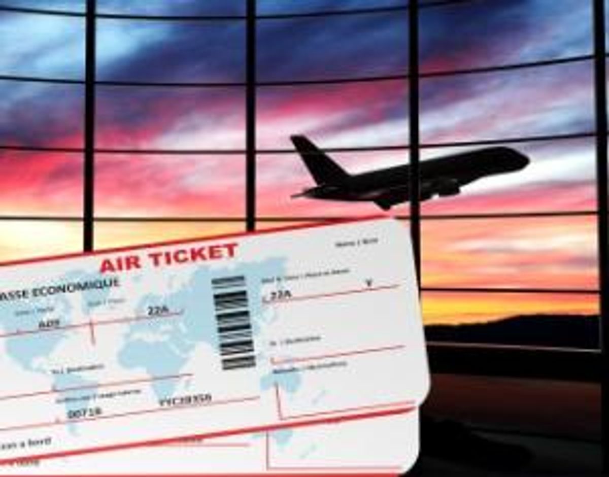 Air tickets with sunset and airplane silhouette as background