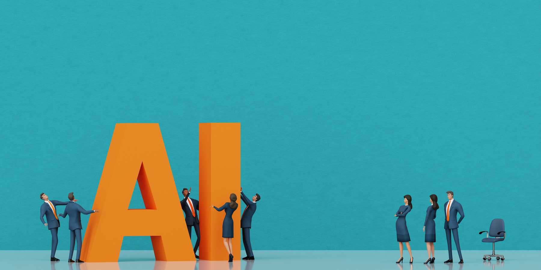 Business people are mowing AI letters, artificial intelligence concept 3D rendering