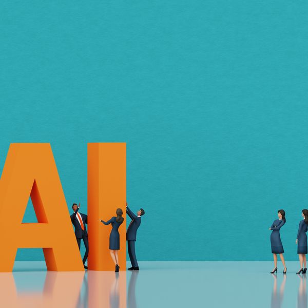 Business people are mowing AI letters, artificial intelligence concept 3D rendering