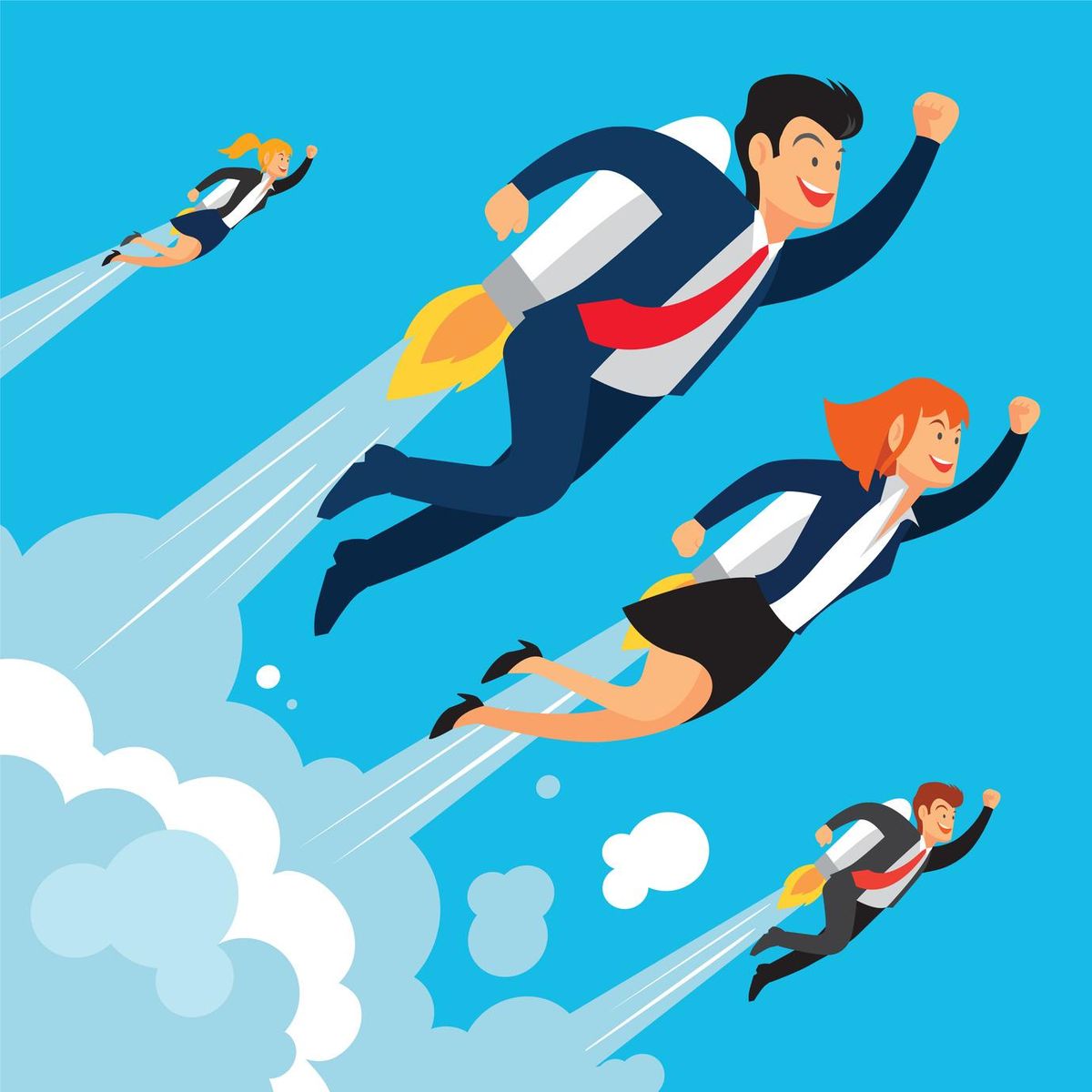 Business people wearing rockets