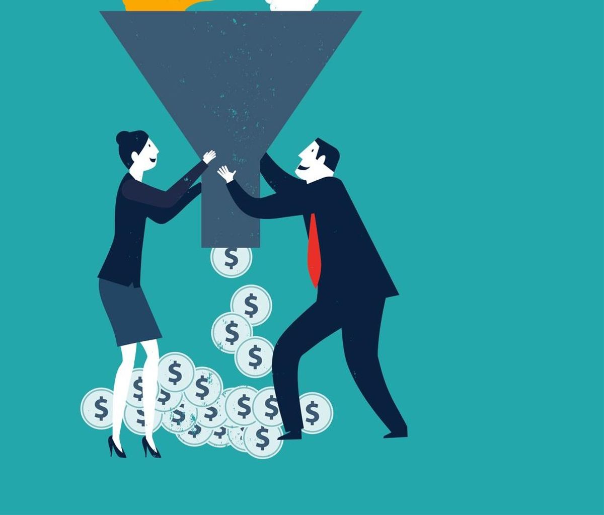Businessman and woman with funnel