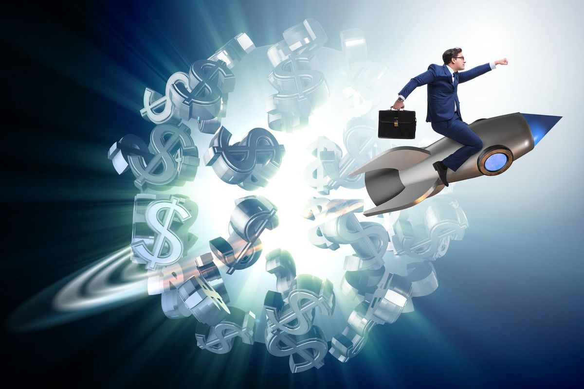 Businessman on rocket flying around dollar