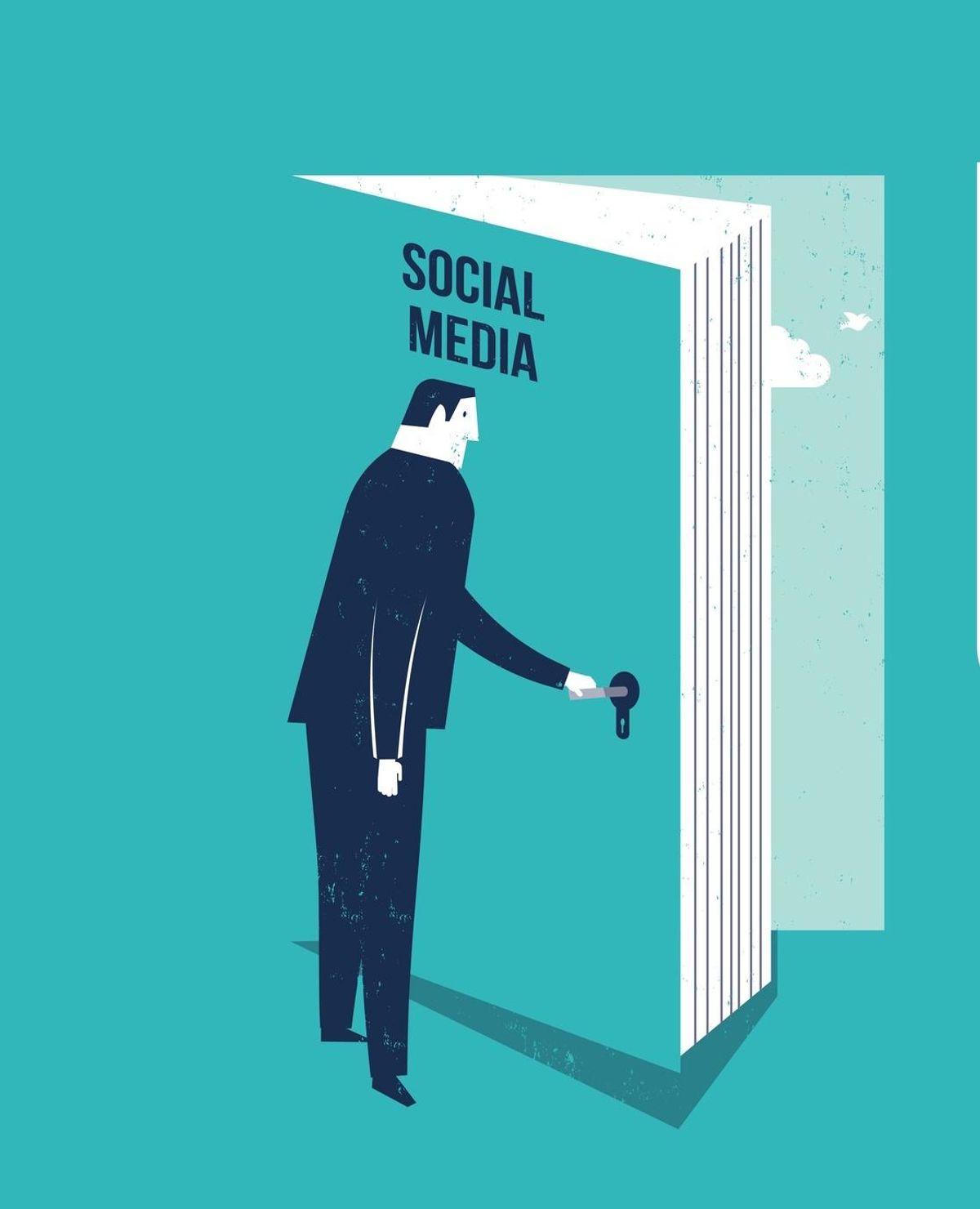Businessman opening a book door to social media.