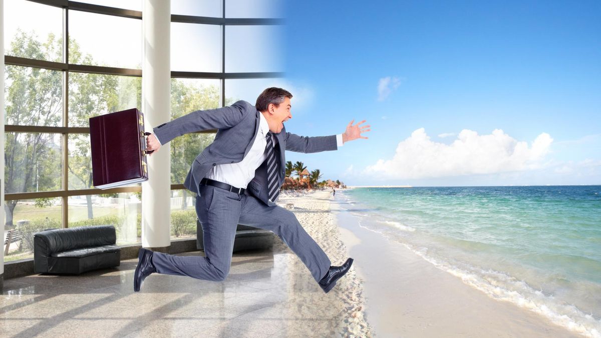 Businessman running on the beach. Summer vacation.