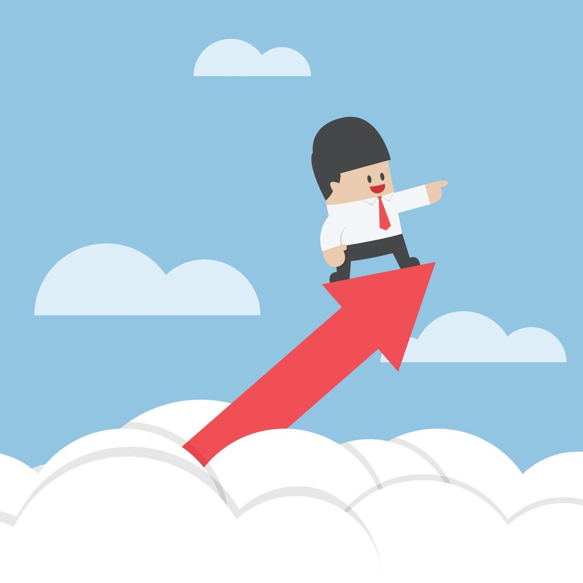 Businessman standing on a graph soaring