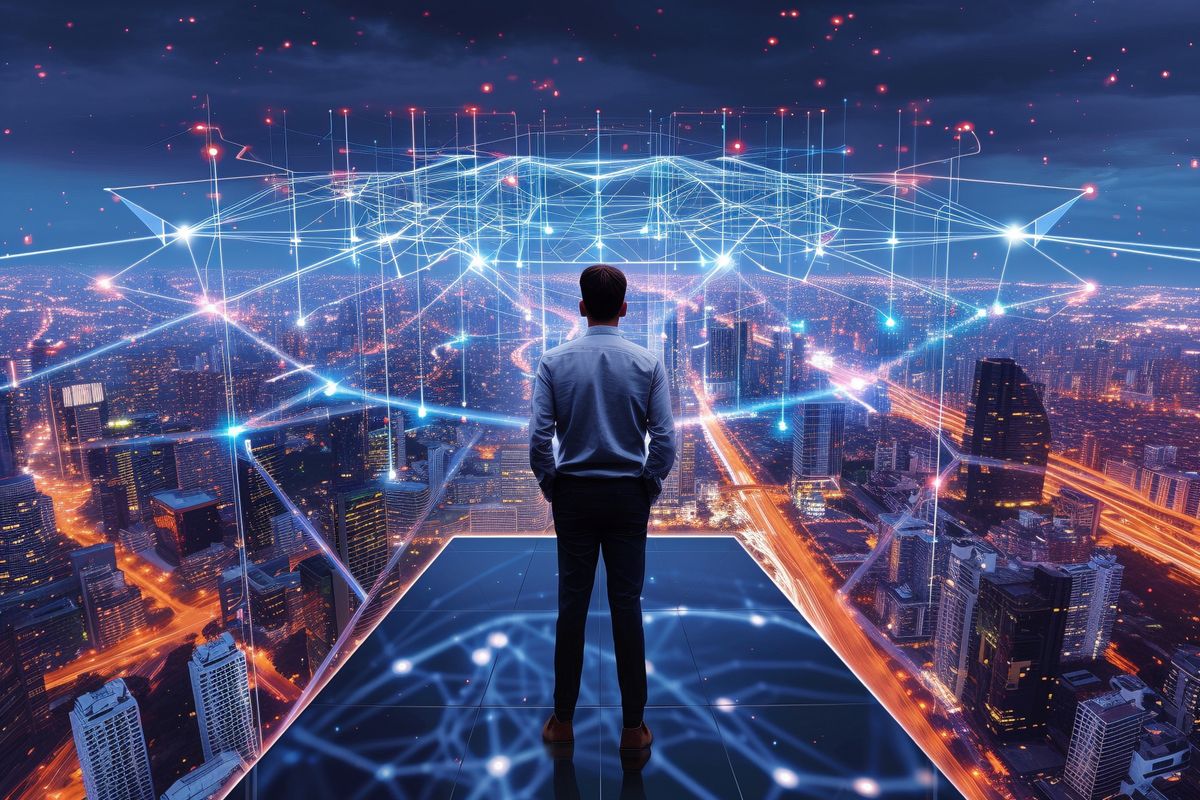 businessman stands on cutting edge trying to keep product relevant - Business Help and Advice Businessman on Cutting Edge