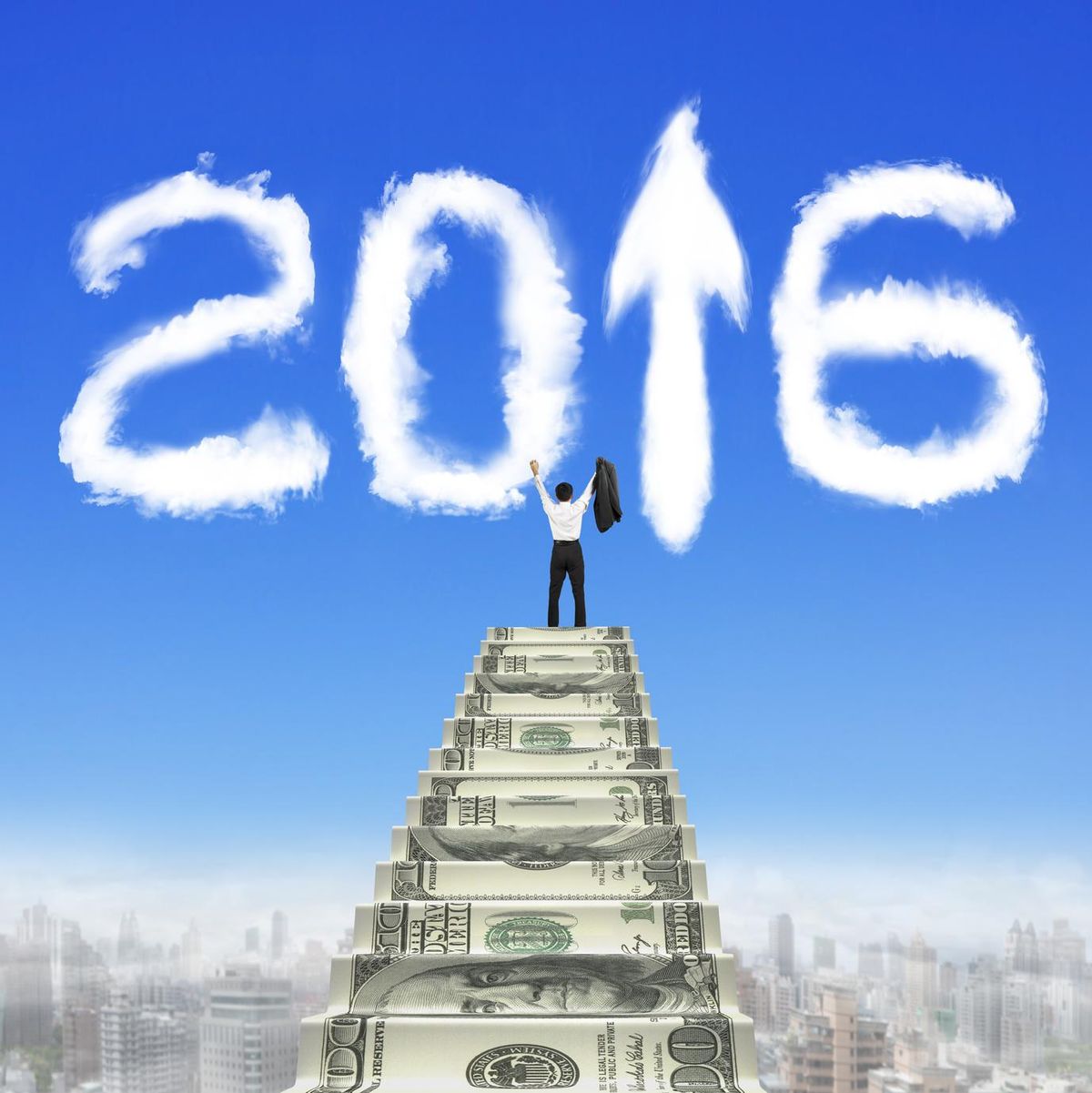 Businessman steps up money stairs