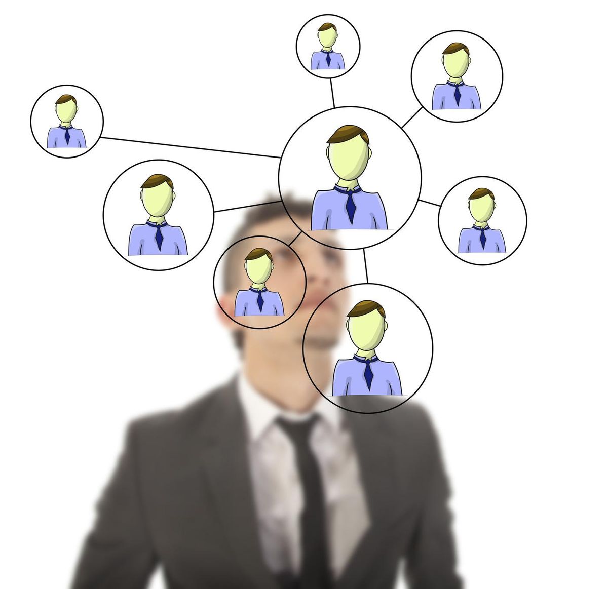 Businessman with online friends network isolated on white background