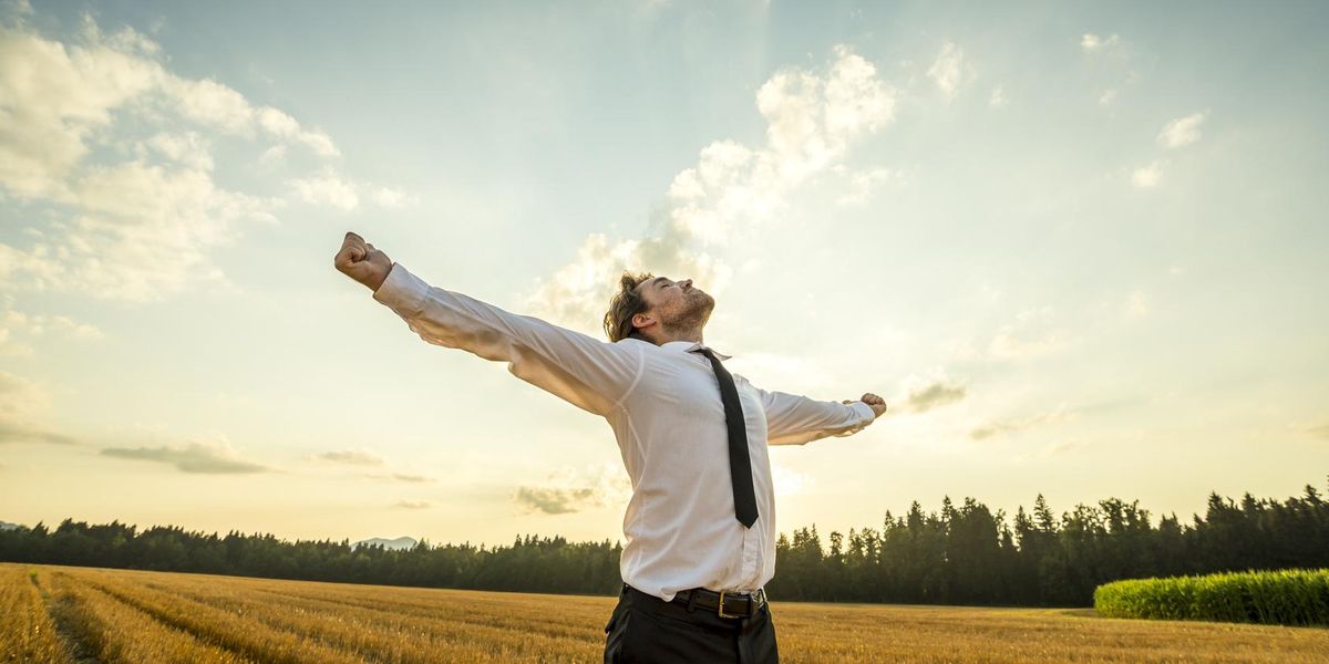 Businessman with open arms is excited by the prospect of starting a second business