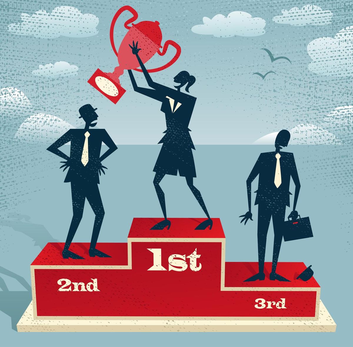 Businesswoman celebrates on Winning Podium.