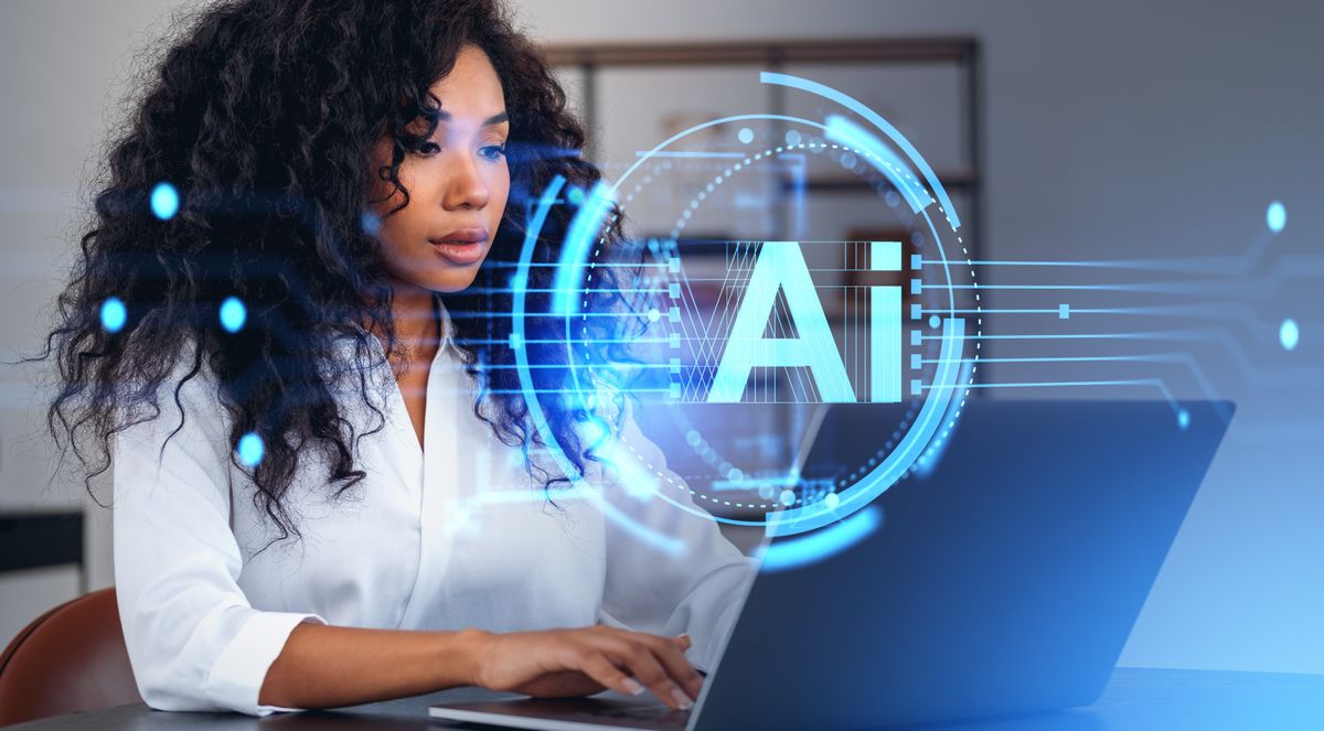 Businesswoman considering AI as the next small business trend in 2024
