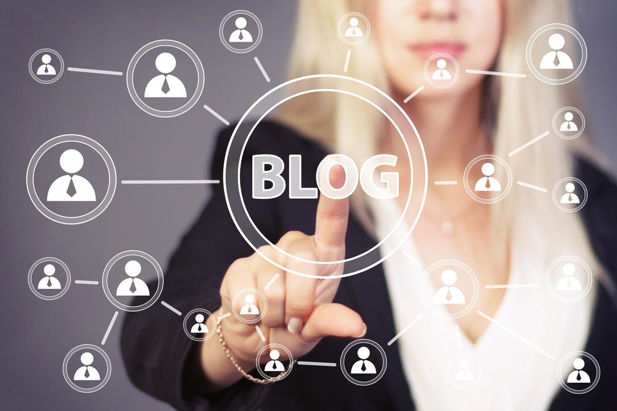 Businesswoman hand press web blog button icon