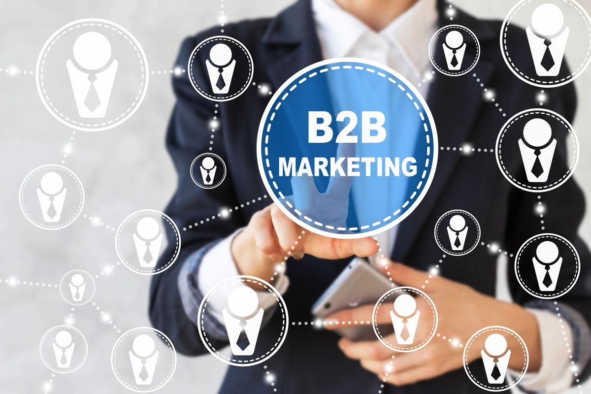 businesswoman presses B2B marketing button