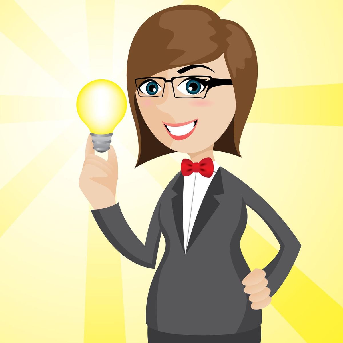 cartoon businesswoman with shiny idea bulb