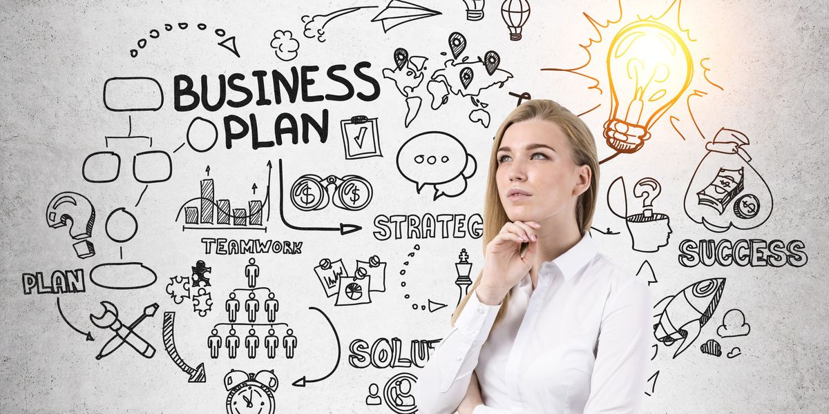 Cheerful woman and business plan scheme