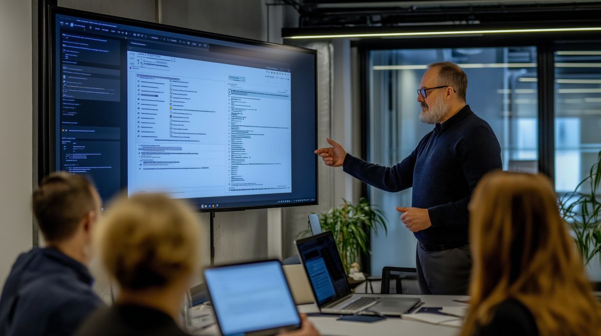 Cybersecurity training session for employees in a modern office