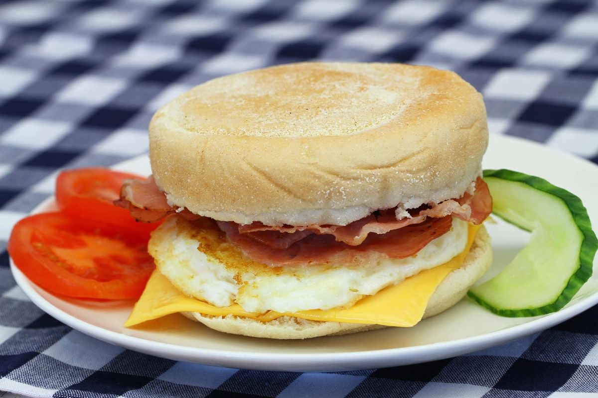 Egg and bacon muffin, closeup