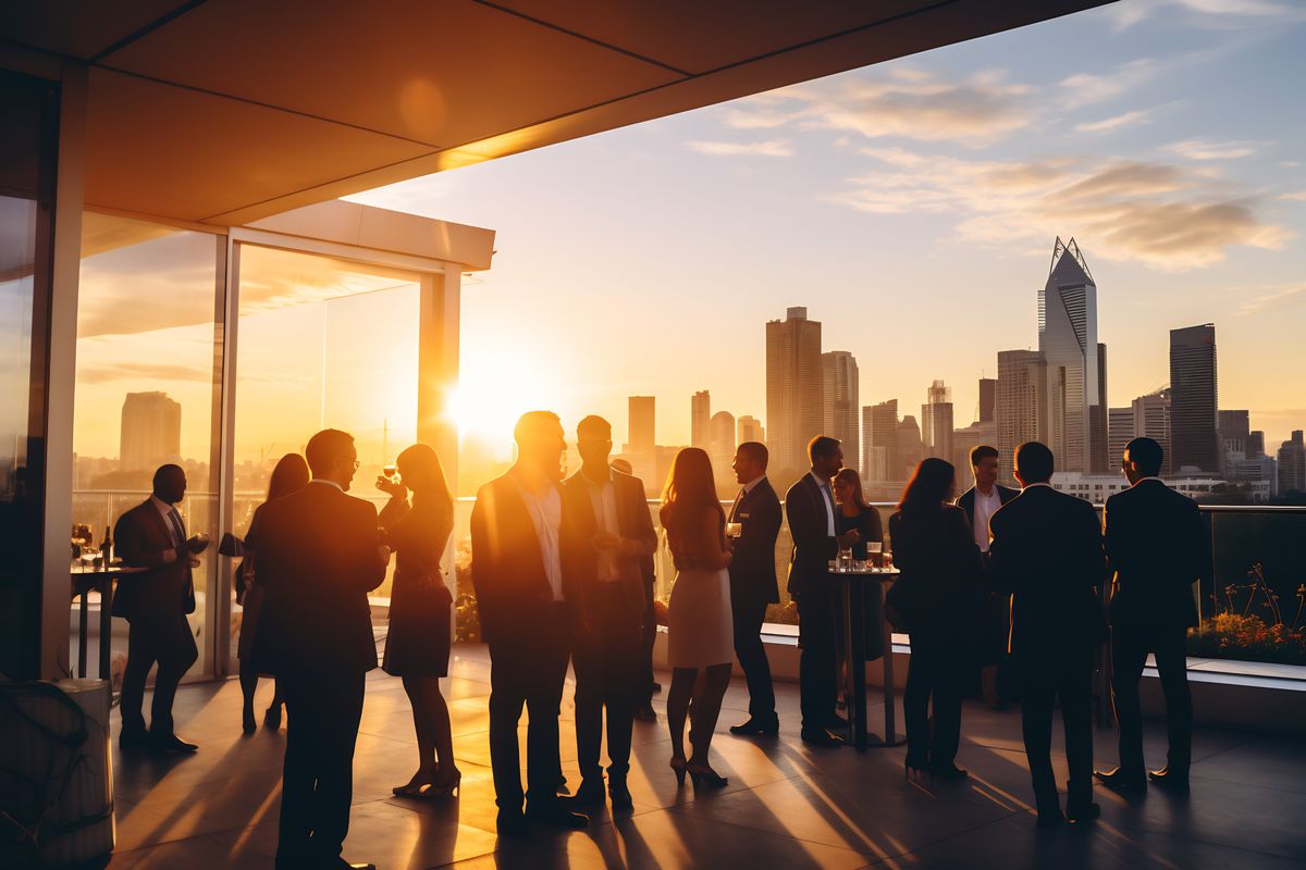 Elegant Evening Networking Event on Rooftop Terrace
