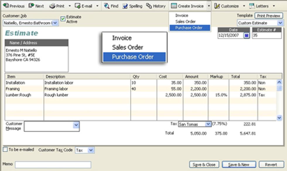 Estimate form with option to create PO