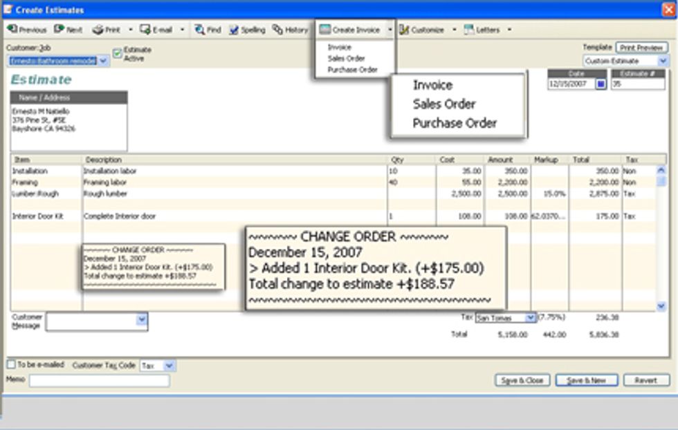 Quickbooks for contractors adding change orders on estimates