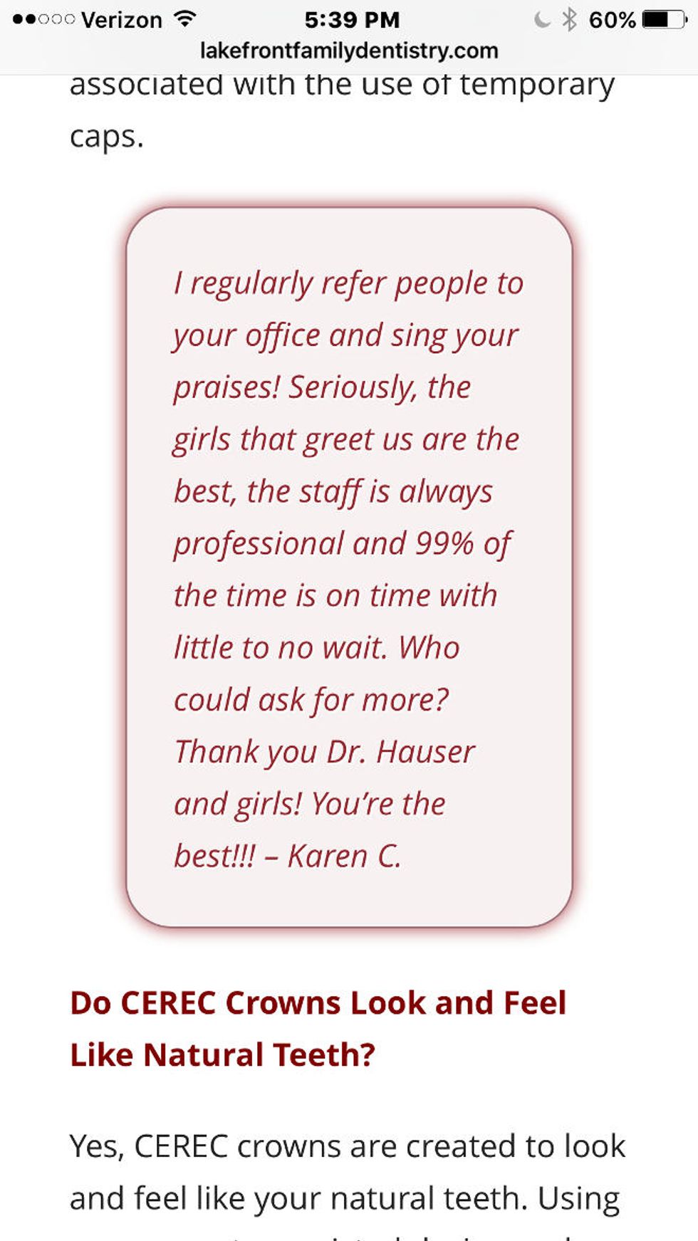 Example of how to highlight testimonials from the mobile version of Lakefront Family Dentistry. 