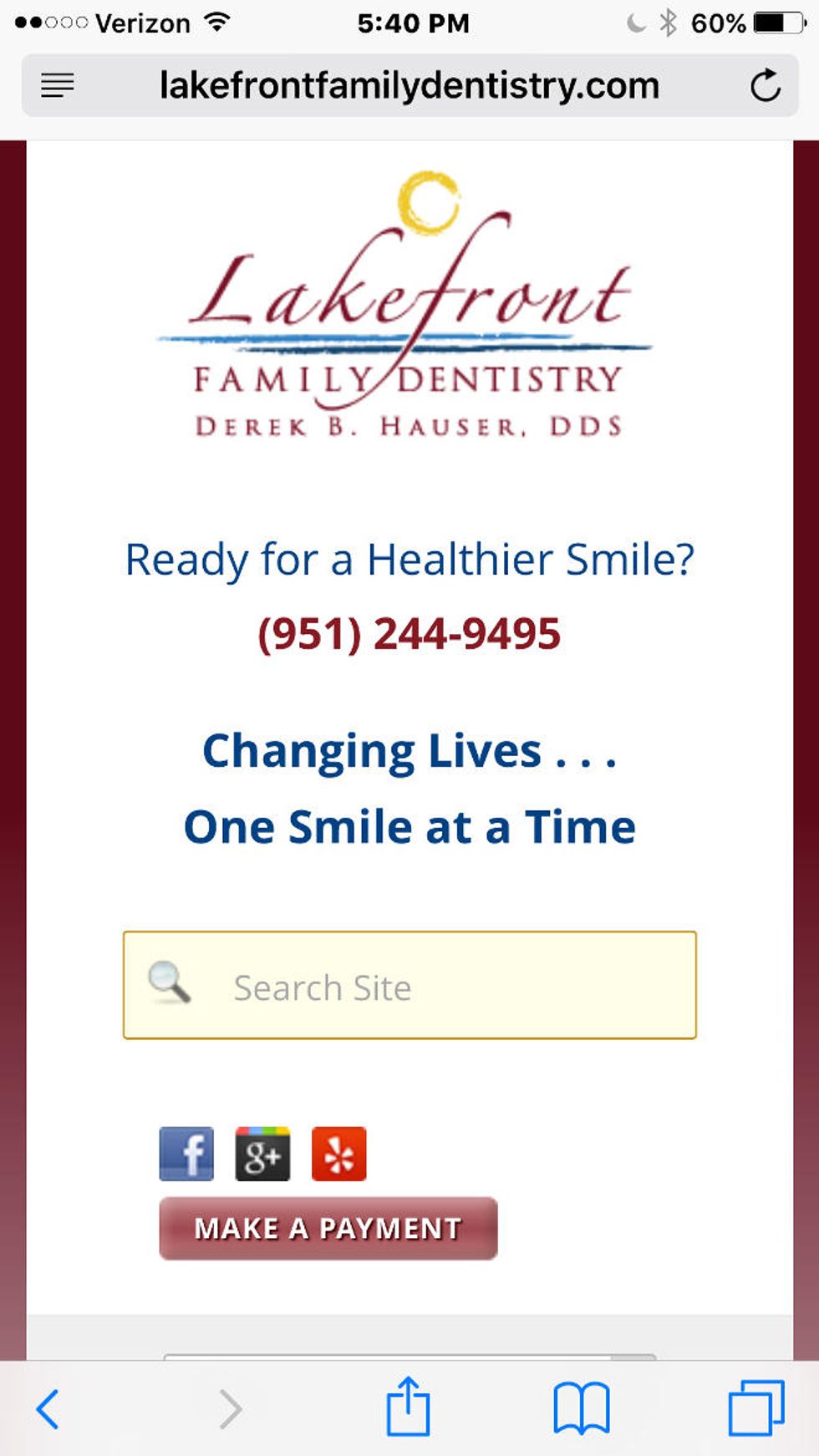 Example of mobile responsive upper navigation on Lakefront Family Dentist Dental Practice Site
