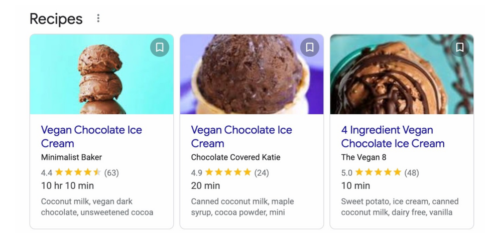 Example of Recipes rich results in google SERPs