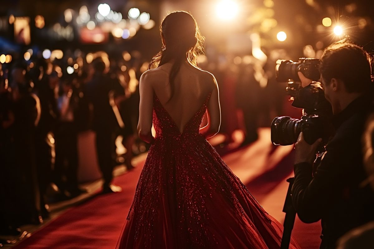 Famous actress wearing an elegant red dress