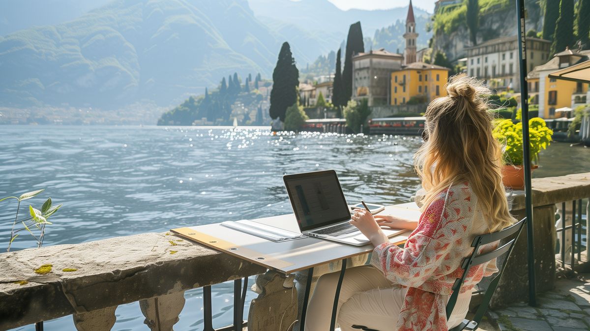 Female digital nomad freelancer working in Italy.