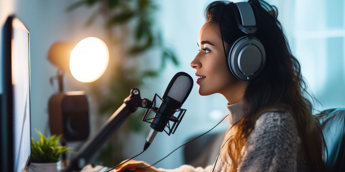 Female podcaster recording a podcast as part of a marketing strategy