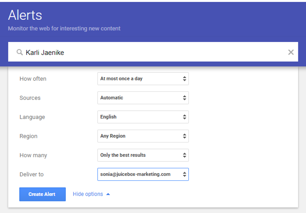 Google Alerts dashboard example
