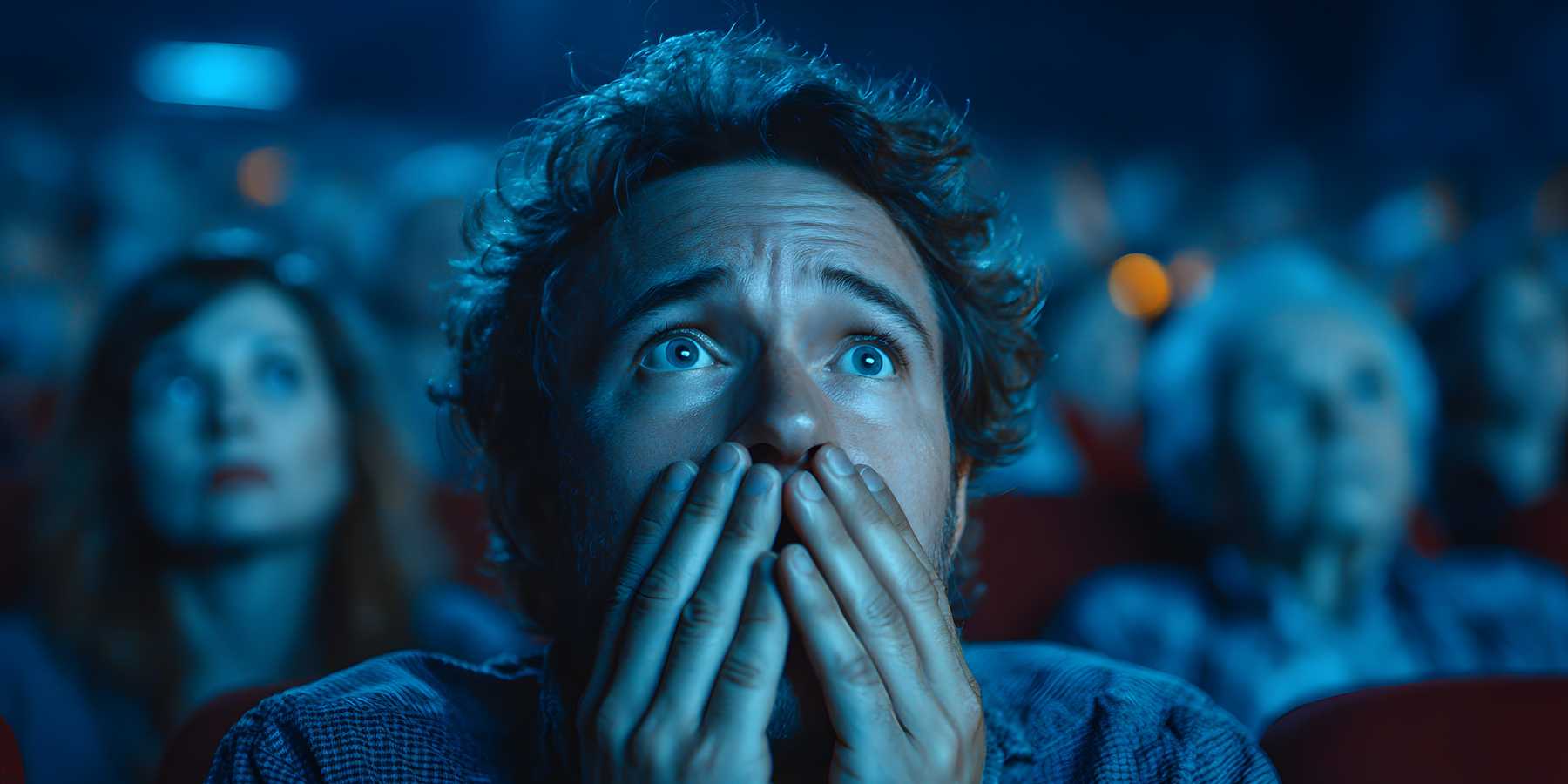Horror, man and movie in theater with shock for spooky scene