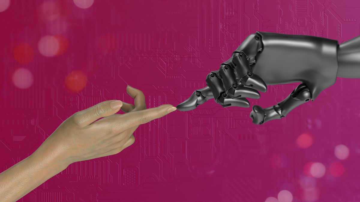 Human and robot symbolizing creators and AI