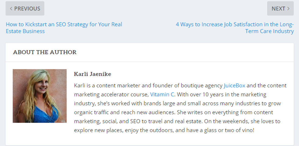 Karli Jaenike guest post bio box example