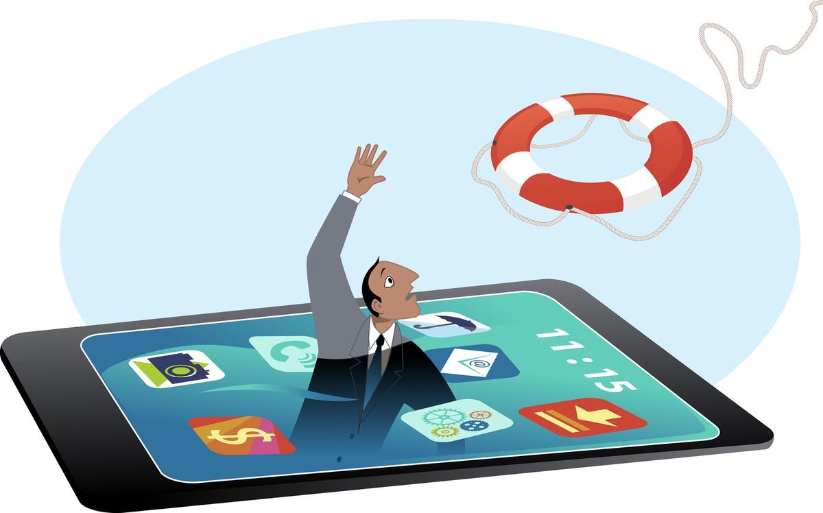 Man drowning in a smartphone screen