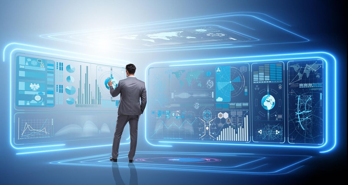 Man pressing virtual button in data mining concept