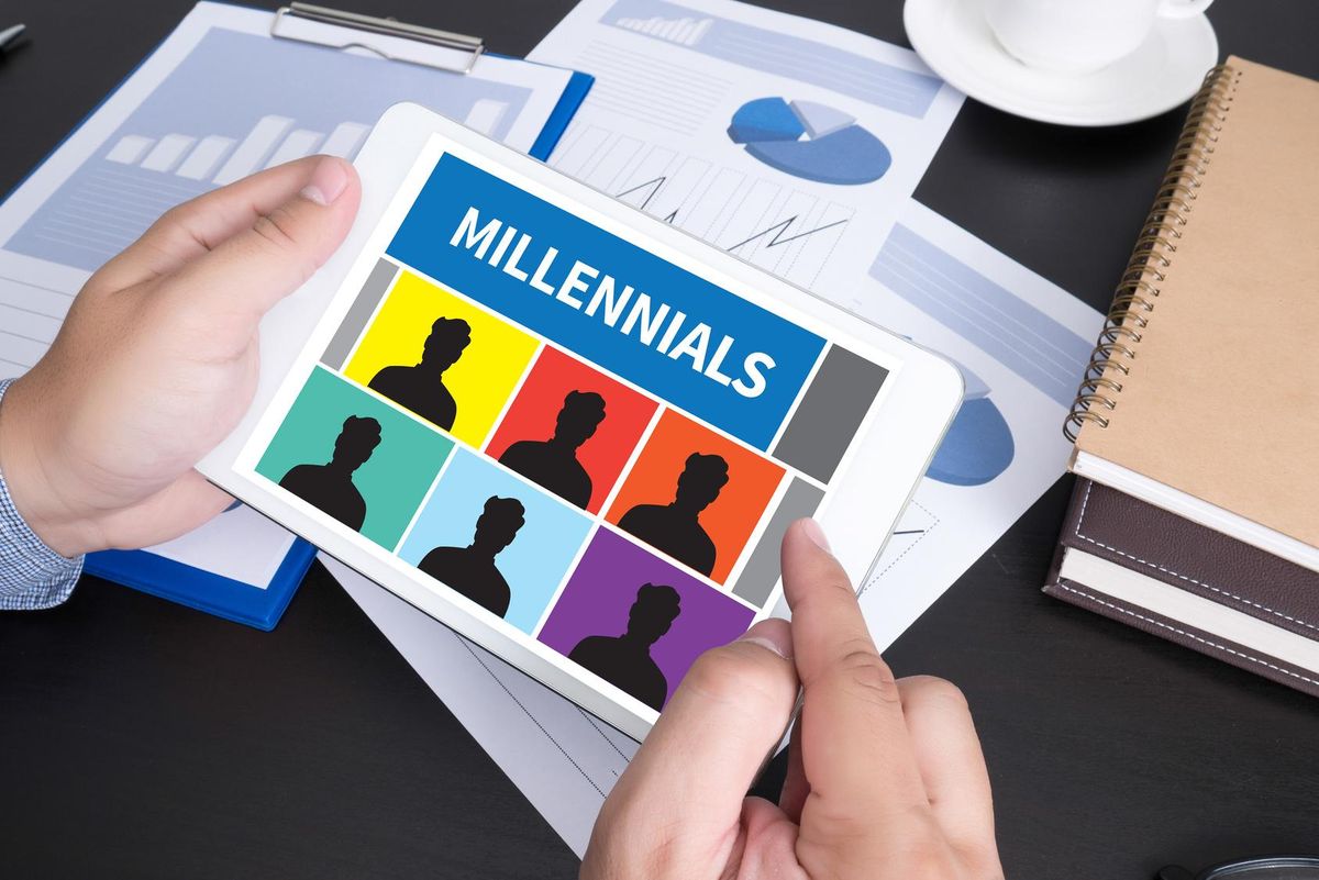 MILLENNIALS Modern people doing business, graphs and charts and touch-pad