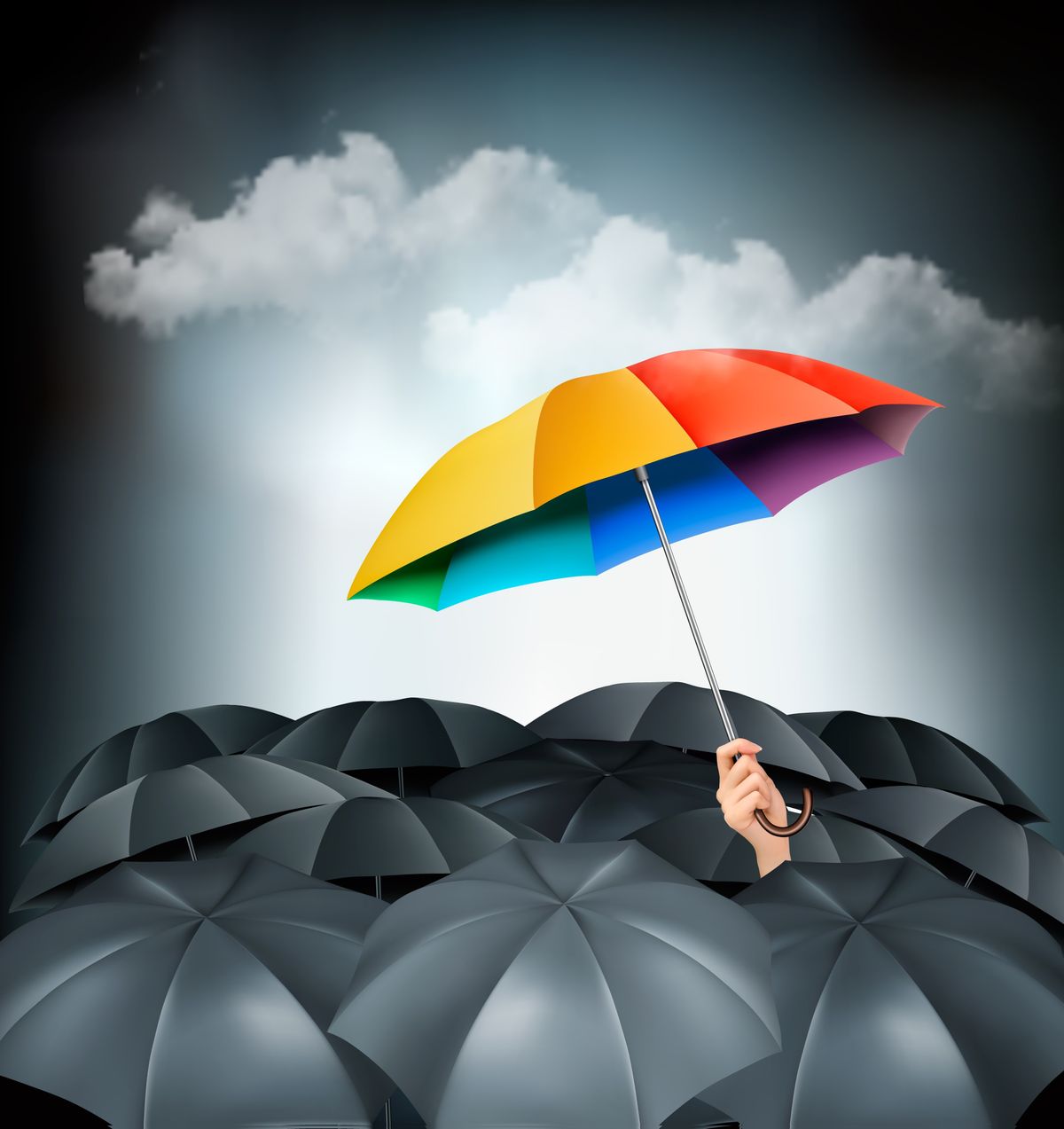 One rainbow umbrella standing out, symbolizing effective brand positioning