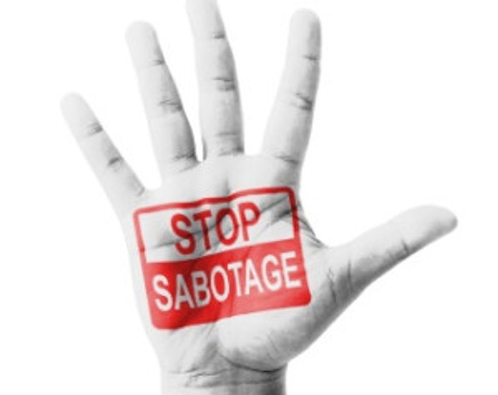 Open hand raised, Stop Sabotage sign painted, multi purpose concept - isolated on white background