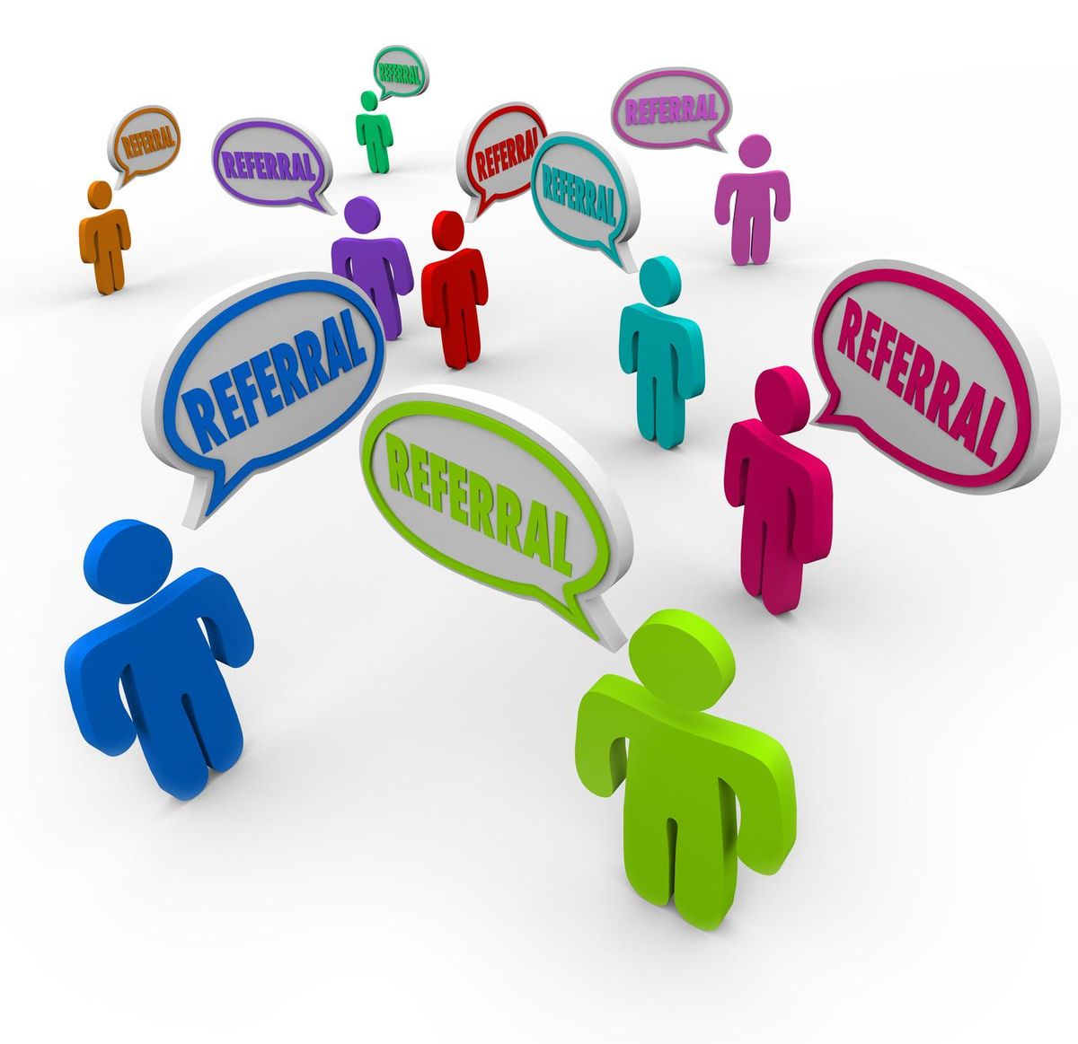 Referral speech bubbles above people's heads