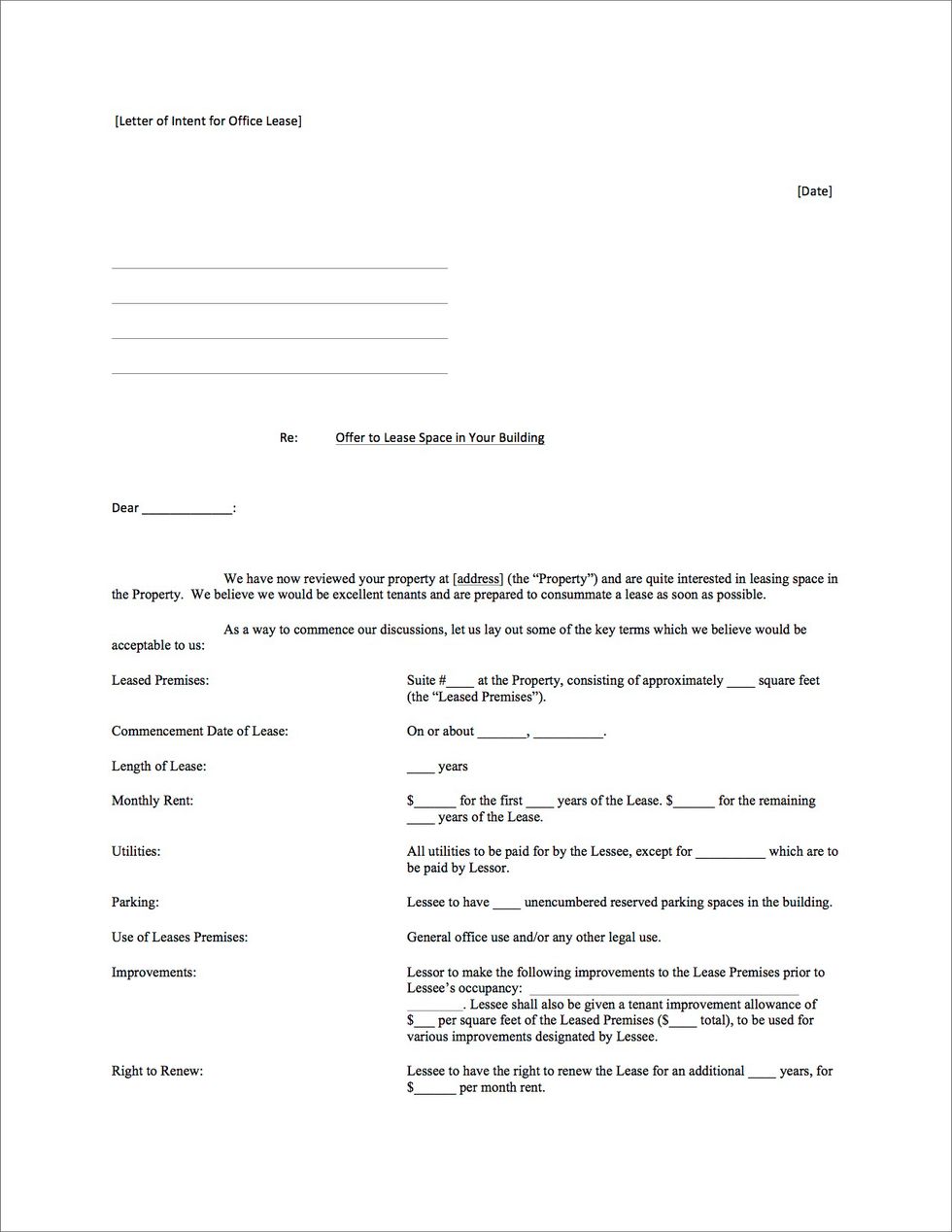 Sample Letter of Intent for Office Lease