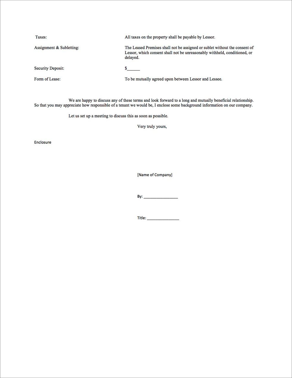 Sample Letter of Intent for Office Lease