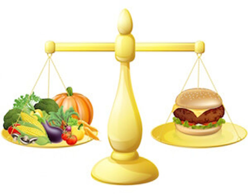 scale balancing hamburger and vegetables