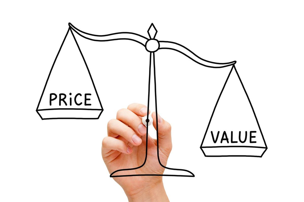 Scale concept showing weighing value against product price