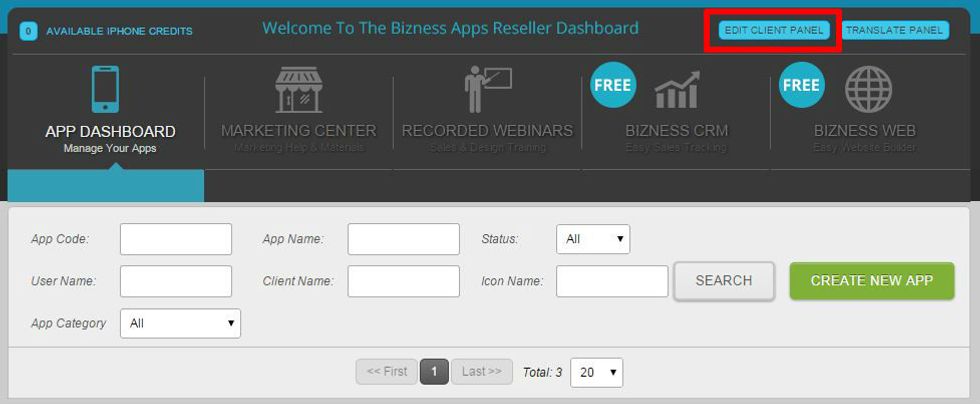 Screenshot of Bizness Apps client dashboard for creating and managing mobile apps.