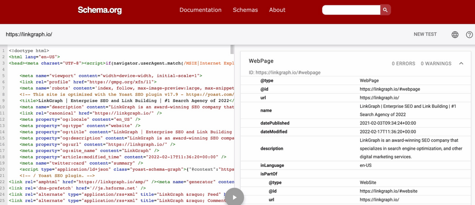 Screenshot of schema validator tool